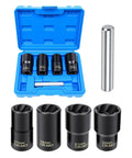 5 Piece Lug Nut Extractor Set With Half Inch Drive For Stripped Nuts And Bolts Includes 17Mm 19Mm 21Mm 22Mm Sockets And Center Punch Bar Impact Twist Socket Kit For Wheel Lock Removal No Nonsense Tool Kit.