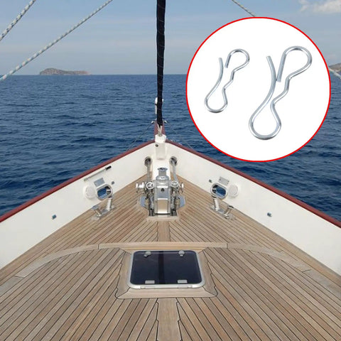 Boat deck with inset image of Stainless Steel Bow Tie Lock Cotter Pins Seven Sixteenth Inch And Five Sixteenth Inch Ten Pack Deck Clip Set For Trailers Marine Machinery And DIY Projects Rust Resistant And Durable