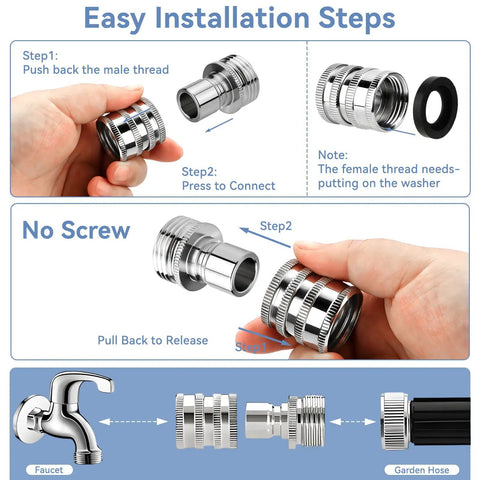 Easy installation steps for 5 Pack Stainless Steel Garden Hose Quick Connect Fittings No Fuss Quick Release Adapters One Half To Three Quarter Inch GHT Heavy Duty Water Hose Connectors For Hoses And Sprayers