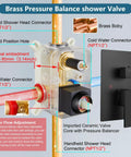 10 Inch Rain Shower System With Wall Mount And Pressure Balance Valve ABS Handheld Shower And Rain Head Matte Black Two Way Faucet Trim Kit For DIY Pro Grade Spa Quality Bathroom Remodel showing brass valve details and connections.