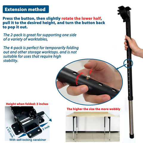 Instruction image for Heavy Duty Rock Solid Foldable Table Legs Set Two Adjustable Height Stand Badass For Diy Desks showing extension method.