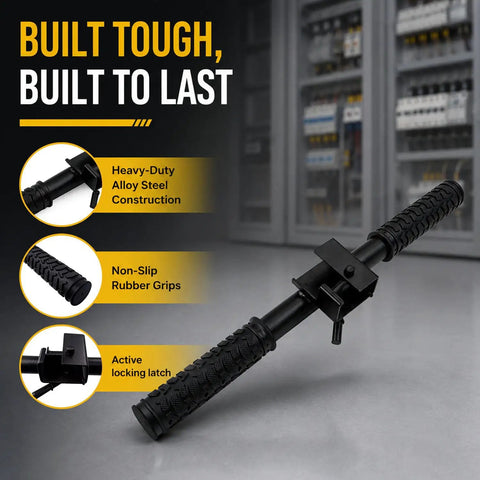 Heavy Duty Manual Wire Tugger Fishing Tool For Electricians To Pull Mule Tape, Fish Tape, And Ropes With Easy Grip Ergonomic Design showing rubber grip and locking latch.