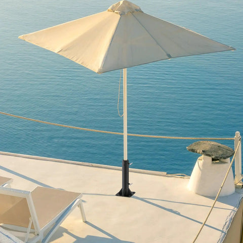 Heavy Duty Deck Mount Umbrella Holder with welded steel base supporting an umbrella on a sunny deck by the water