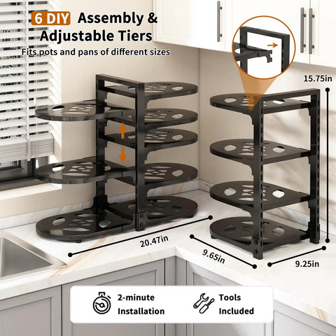 Adjustable 8 Tier Heavy Duty Pots and Pans Organizer for Kitchen Cabinet Storage Black Vertical Cookware Rack with adjustable tiers.