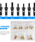 Rivet Nut Tool Kit WETOLS with 7 mandrels and 70pcs rivnuts assortment kit showing mandrel sizes M6 to 3/8-16 and bags of rivnuts.