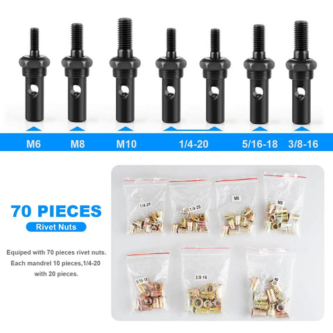 Rivet Nut Tool Kit WETOLS with 7 mandrels and 70pcs rivnuts assortment kit showing mandrel sizes M6 to 3/8-16 and bags of rivnuts.