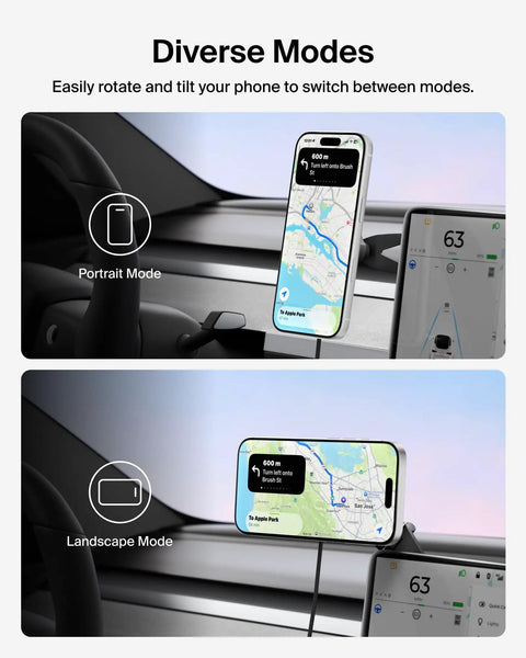 Qi2 15W Magnetic Wireless Car Charger For Tesla Dash Mount showing phone in portrait and landscape modes for navigation.