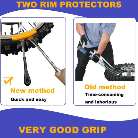 All In One Dirt Bike Tire Change Kit For 16 To 21 Inch Wheels With 15mm 17mm 20mm 25mm Axle Shafts Two 11 Inch Tire Irons A 16 Inch Tire Iron Rim Protectors And Chain Brush Emergency Response Gear showing new vs old method