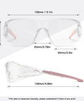 Wraparound Anti Fog Safety Glasses With Blue Light Blocking Lenses ANSI Z87 Certified Eyewear For Cycling And Work Lightweight Protective Eyewear For Small To Large Faces Pink Frame All Day Comfort And Eye Protection, shown with measurements