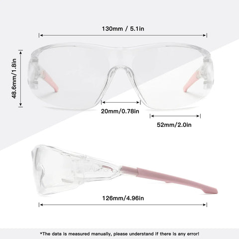 Wraparound Anti Fog Safety Glasses With Blue Light Blocking Lenses ANSI Z87 Certified Eyewear For Cycling And Work Lightweight Protective Eyewear For Small To Large Faces Pink Frame All Day Comfort And Eye Protection, shown with measurements