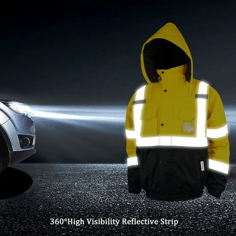 High Visibility Reflective ANSI Class 3 Bomber Jacket for Men Waterproof Safety Workwear Yellow Large Construction Gear at night