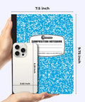 Hands holding a 100 Pack Wide Ruled Composition Notebooks With Hard Covers, 200 Pages Each, Assorted Marble Colors alongside smartphone.