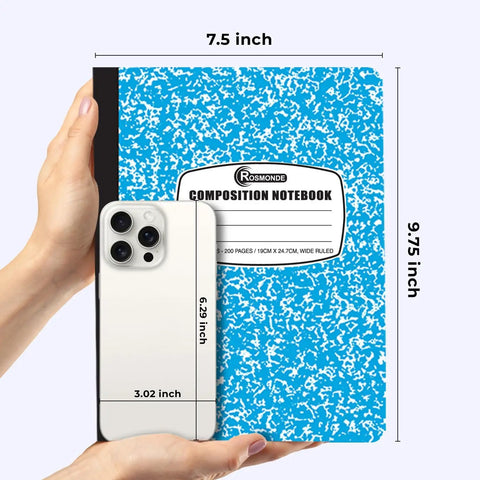 Hands holding a 100 Pack Wide Ruled Composition Notebooks With Hard Covers, 200 Pages Each, Assorted Marble Colors alongside smartphone.