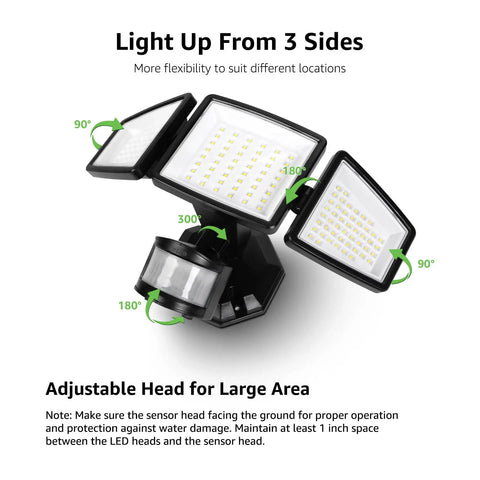 LED Security Light Outdoor Motion Sensor Flood Light With 3 Adjustable Heads 270 Degree Wide Coverage 3200 Lumens 27W IP65