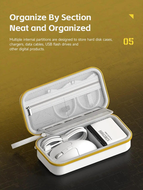 Tough White Hardshell Tech Case Keeps Your Cables Chargers Power Banks And Digital Stash Tight So You Can Just Tote It In Your Satchel Without Dropping Any Dope Gear On The Go, showing organized sections for cables and devices.