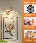 Dimmable Picture Light For Paintings Modern Lit 7W LED Wall Sconce 16.54 Inch Long 3000K Warm White Brass Golden Finish Indoor Hallway Lighting Fixture With Hard Wired Connection illuminating artwork with installation steps, showing bracket, wiring, and mounting.
