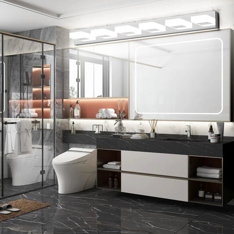 Bathroom with dimmable 6 light LED vanity fixture over mirror, stainless steel, frosted acrylic, daylight 6000K lighting