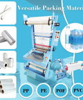 Automatic Heat Shrink Sleeve Sealing And Cutting Machine For PE POF PP PVC Films, shown with various packing materials.