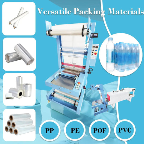 Automatic Heat Shrink Sleeve Sealing And Cutting Machine For PE POF PP PVC Films, shown with various packing materials.