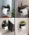 Rock Solid Matte Black Toilet Paper Holder With Storage Shelf Wall Mount For Bathrooms Fits Mega Rolls in various bathroom settings.