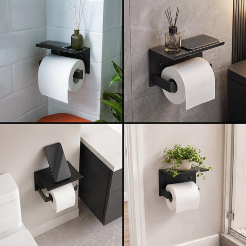 Rock Solid Matte Black Toilet Paper Holder With Storage Shelf Wall Mount For Bathrooms Fits Mega Rolls in various bathroom settings.