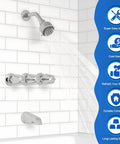 3 Piece Metal Shower Knob Replacement For Pfister Verve Tub And Shower Faucet Handle Remodel Kit shown installed on white tile wall