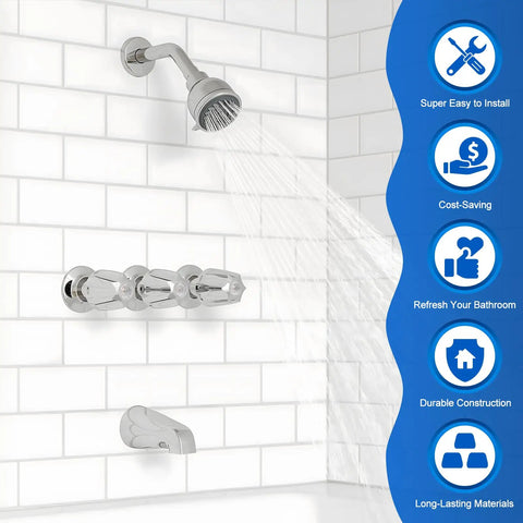 3 Piece Metal Shower Knob Replacement For Pfister Verve Tub And Shower Faucet Handle Remodel Kit shown installed on white tile wall