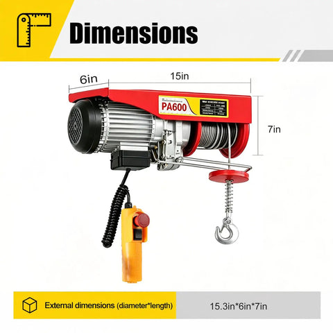 1320 Lbs Powerful Mini Electric Hoist With 1200W 110V Winch Crane dimensions illustration with 40 ft steel wire rope
