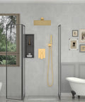 Bathroom with 12 Inch Square Rain Shower Head High Pressure Stainless Steel Brushed Gold, features wall shower and tub.