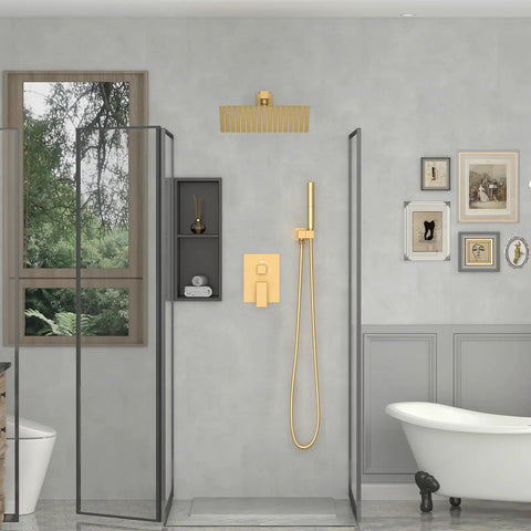Bathroom with 12 Inch Square Rain Shower Head High Pressure Stainless Steel Brushed Gold, features wall shower and tub.