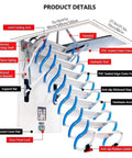 Heavy Duty Electric Attic Ladder With Auto Pull Down Function And Knuckle Tough Titanium Magnesium Frame showing detailed assembly features.