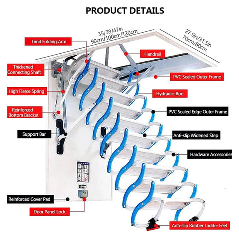 Heavy Duty Electric Attic Ladder With Auto Pull Down Function And Knuckle Tough Titanium Magnesium Frame showing detailed assembly features.