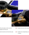 Heavy Duty Top Post Battery Disconnect Switch 12V 125A installation steps shown with knob and connector on a battery.
