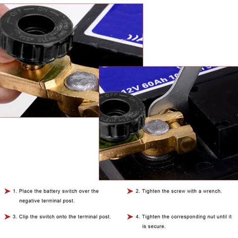 Heavy Duty Top Post Battery Disconnect Switch 12V 125A installation steps shown with knob and connector on a battery.