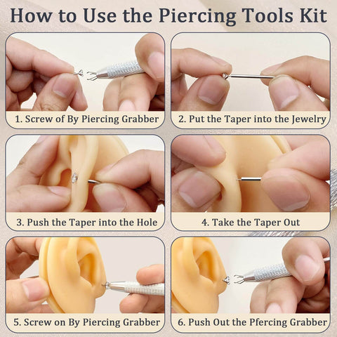 Instructions for using Piercing Taper And Ball Grabber Tool Set For 14G 16G 18G 20G Stainless Steel Flat Back Earring Applicator Kit