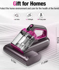 Beast Power Mattress Vacuum Cleaner With 17Kpa Suction 650W Motor UV C Light Ultrasonic Heating on bed, dimensions labeled