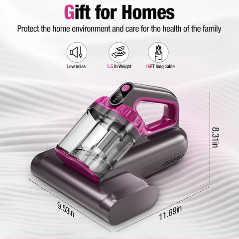 Beast Power Mattress Vacuum Cleaner With 17Kpa Suction 650W Motor UV C Light Ultrasonic Heating on bed, dimensions labeled