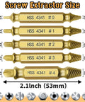 Nine Piece Damaged Screw Extractor Kit For Stripped And Broken Screws With HSS 4341 Titanium Coated Bits Size Chart