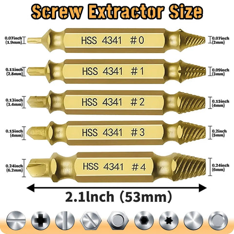 Nine Piece Damaged Screw Extractor Kit For Stripped And Broken Screws With HSS 4341 Titanium Coated Bits Size Chart