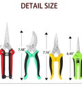 All-In-One Garden Pruning Kit with Stainless Steel Shears, U-Shaped Cutter, and multi-color handles, detailed sizes shown