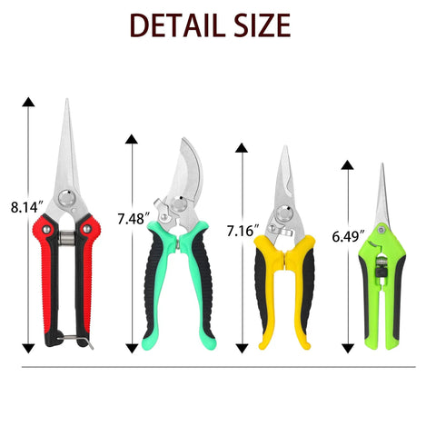 All-In-One Garden Pruning Kit with Stainless Steel Shears, U-Shaped Cutter, and multi-color handles, detailed sizes shown