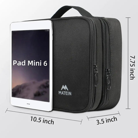 Travel Electronics Organizer Case Water Resistant Cable Organizer Bag for travel essentials, shown with dimensions.
