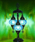 Turkish Mosaic Table Lamp With Built In LED Bulb Three Globe Sea Blue Handmade Moroccan Style Decor Tall 21.3 Inch Glass Mosaic