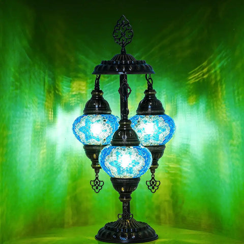 Turkish Mosaic Table Lamp With Built In LED Bulb Three Globe Sea Blue Handmade Moroccan Style Decor Tall 21.3 Inch Glass Mosaic