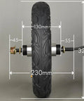 12 Inch Electric Scooter Hub Motor Wheel Running On 48V 500W Brushless Gearless Power showing tire dimensions and axle fitting.