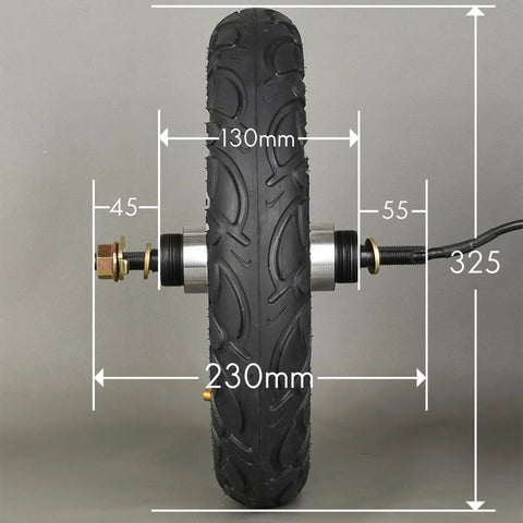 12 Inch Electric Scooter Hub Motor Wheel Running On 48V 500W Brushless Gearless Power showing tire dimensions and axle fitting.