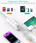 Heavy Duty Surge Protector Power Strip With 15 Foot Extension Cord Featuring 13 Outlets And Four Smart Usb Ports For Plug And Play Hella Smooth Multi Device Charging Setup with devices charging.