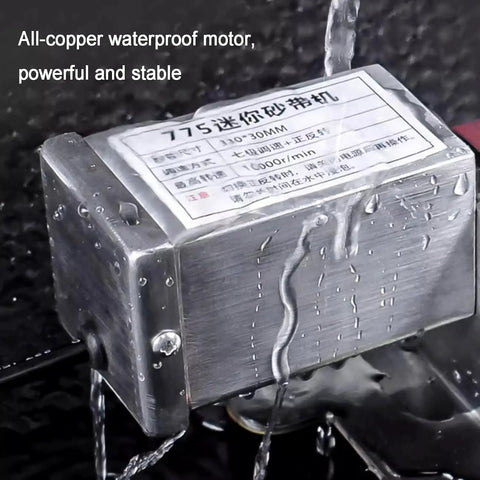 Badass Electric Knife Sharpener And Wet Bench Sander Featuring Ten Tough Sand Belts Plus Polishing And Grinding Wheels, waterproof motor detail.