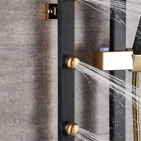 Golden White Shower Faucet In Wall Mixer System Rainfall Brass Body Massage Set Swive Spout(Black) with water flowing from spouts.