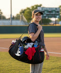 Athlete carrying bag with Two Pack Adjustable Baseball Glove Clips For Hanging Gear And Drying Bags Easy Clip On Glove Holder Straps.